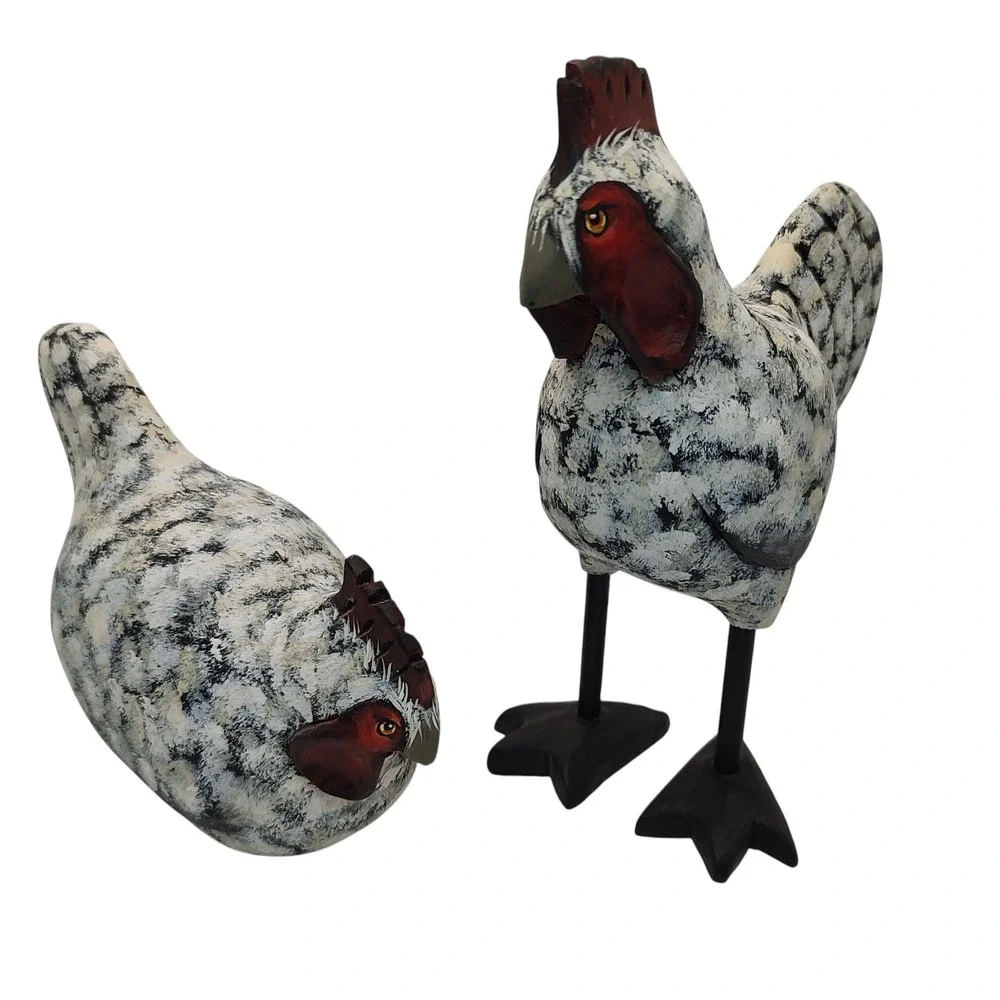 Vintage Handmade Chicken and Rooster Wooden Signed‎ Decorative Set of Two 2000